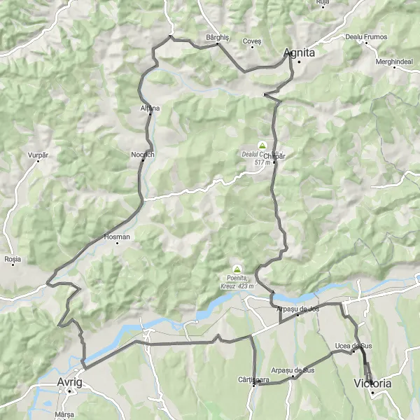 Map miniature of "The Carpathian Journey" cycling inspiration in Centru, Romania. Generated by Tarmacs.app cycling route planner