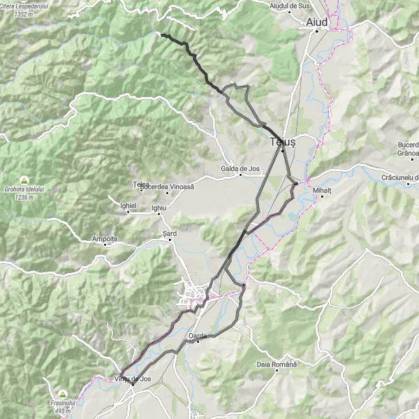 Map miniature of "The Vințu de Jos Loop" cycling inspiration in Centru, Romania. Generated by Tarmacs.app cycling route planner