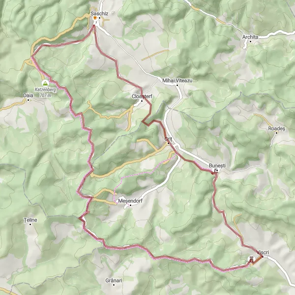 Map miniature of "Viscri & Criț Gravel Delight" cycling inspiration in Centru, Romania. Generated by Tarmacs.app cycling route planner