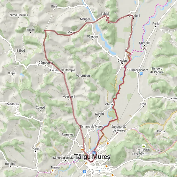 Map miniature of "Voivodeni - Chinari - Târgu Mureș - Moișa - Voivodeni Gravel Route" cycling inspiration in Centru, Romania. Generated by Tarmacs.app cycling route planner