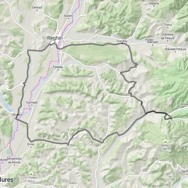 Map miniature of "Voivodeni - Breaza - Gurghiu - Chiheru de Jos - Dămieni - Icland - Glodeni - Voivodeni Road Route" cycling inspiration in Centru, Romania. Generated by Tarmacs.app cycling route planner