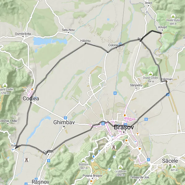 Map miniature of "Vulcan to Brasov" cycling inspiration in Centru, Romania. Generated by Tarmacs.app cycling route planner