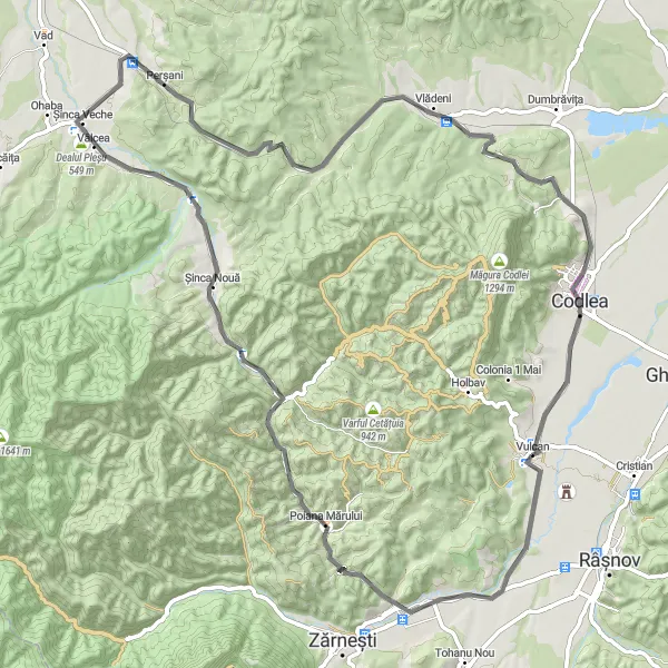 Map miniature of "Vulcan to Codlea" cycling inspiration in Centru, Romania. Generated by Tarmacs.app cycling route planner