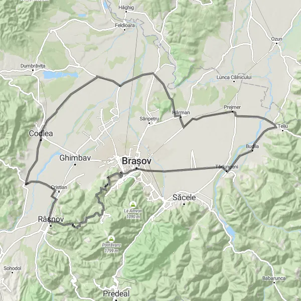 Map miniature of "Transylvanian Hilltop Gravel Cycling Route" cycling inspiration in Centru, Romania. Generated by Tarmacs.app cycling route planner