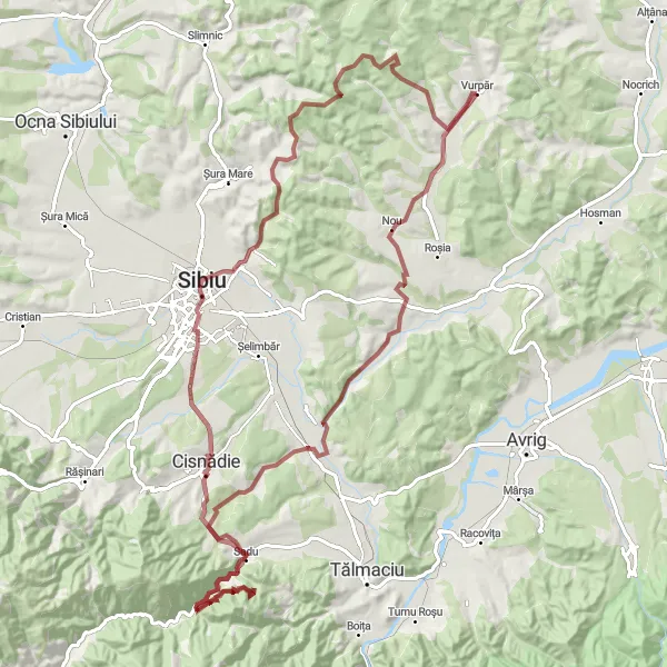 Map miniature of "Sadu - Liars Bridge Trail" cycling inspiration in Centru, Romania. Generated by Tarmacs.app cycling route planner