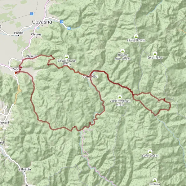 Map miniature of "Gravel Adventure to Păpăuți, Comandău, and Conacul Mikes Szentkereszty" cycling inspiration in Centru, Romania. Generated by Tarmacs.app cycling route planner