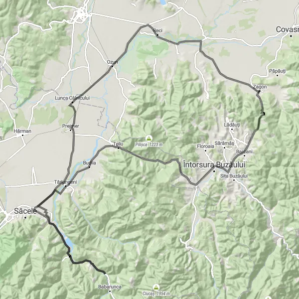 Map miniature of "Rural Tour to Teliu, Tărlungeni, and Electroprecizia" cycling inspiration in Centru, Romania. Generated by Tarmacs.app cycling route planner