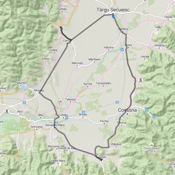 Map miniature of "Cernat and Covasna Scenic Tour" cycling inspiration in Centru, Romania. Generated by Tarmacs.app cycling route planner