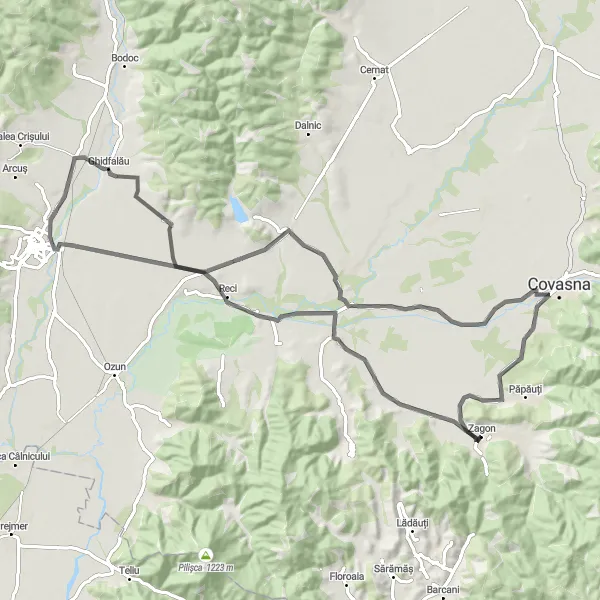 Map miniature of "Exploring Reci, Ghidfalău, and Pachia" cycling inspiration in Centru, Romania. Generated by Tarmacs.app cycling route planner