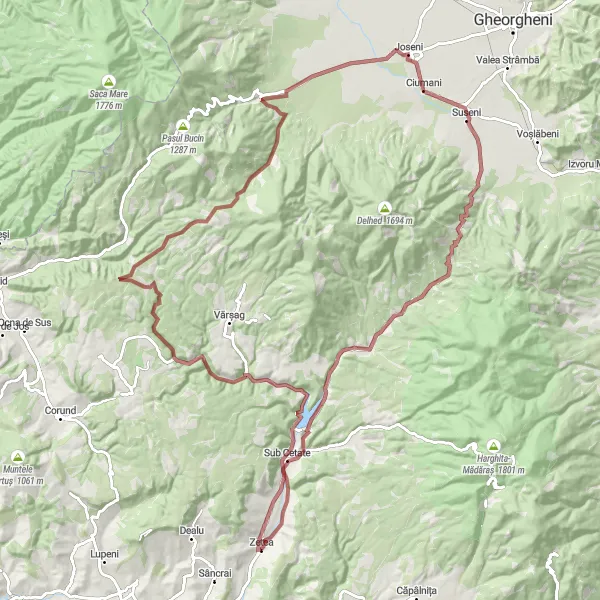 Map miniature of "Zetea Gravel Adventure" cycling inspiration in Centru, Romania. Generated by Tarmacs.app cycling route planner