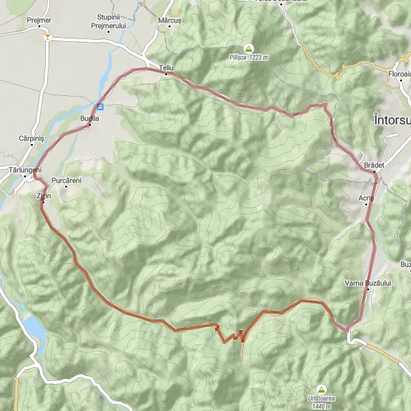 Map miniature of "Gravel Adventure: Zizin to Vama Buzăului" cycling inspiration in Centru, Romania. Generated by Tarmacs.app cycling route planner