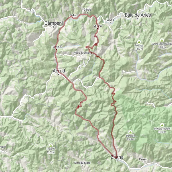 Map miniature of "Zlatna Gravel Escape" cycling inspiration in Centru, Romania. Generated by Tarmacs.app cycling route planner