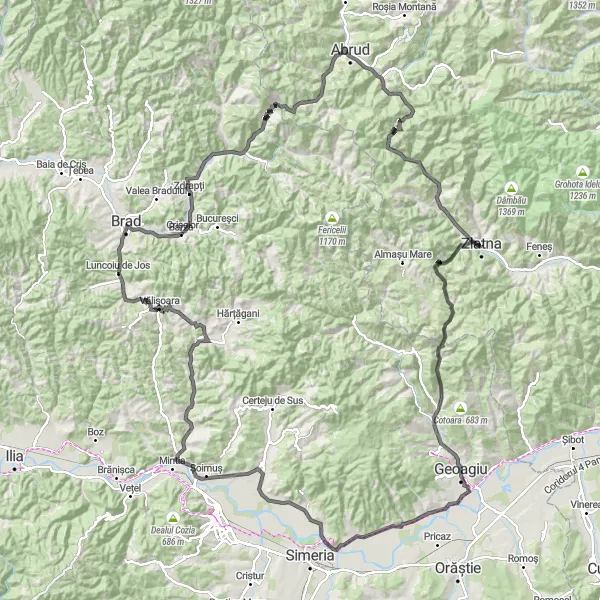 Map miniature of "Zlatna Challenge" cycling inspiration in Centru, Romania. Generated by Tarmacs.app cycling route planner