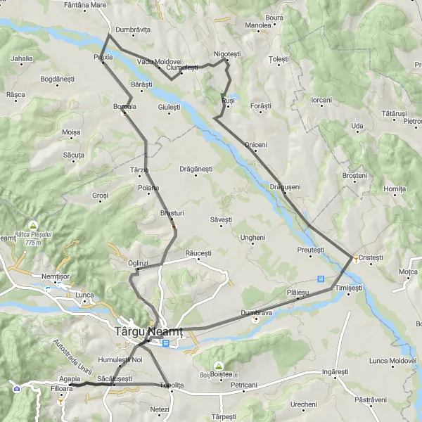 Map miniature of "Agapia - Targu Neamt - Praxia - Drăgușeni Round Trip" cycling inspiration in Nord-Est, Romania. Generated by Tarmacs.app cycling route planner