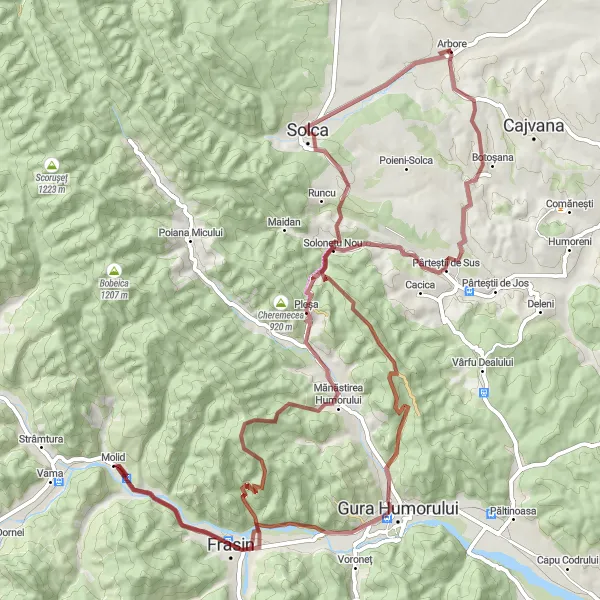 Map miniature of "Gravel Adventure from Pârteștii de Sus to Solca" cycling inspiration in Nord-Est, Romania. Generated by Tarmacs.app cycling route planner