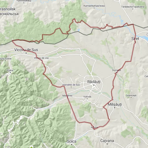 Map miniature of "Vicovu de Jos and Siret Gravel Ride" cycling inspiration in Nord-Est, Romania. Generated by Tarmacs.app cycling route planner