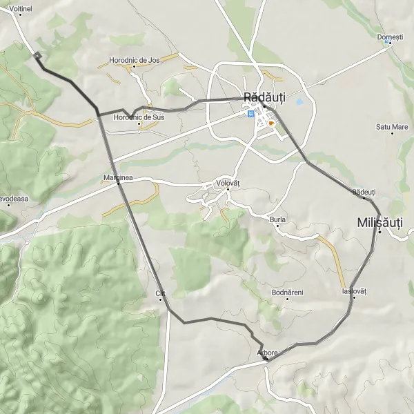 Map miniature of "Horodnic de Sus and Iaslovăț Circuit" cycling inspiration in Nord-Est, Romania. Generated by Tarmacs.app cycling route planner