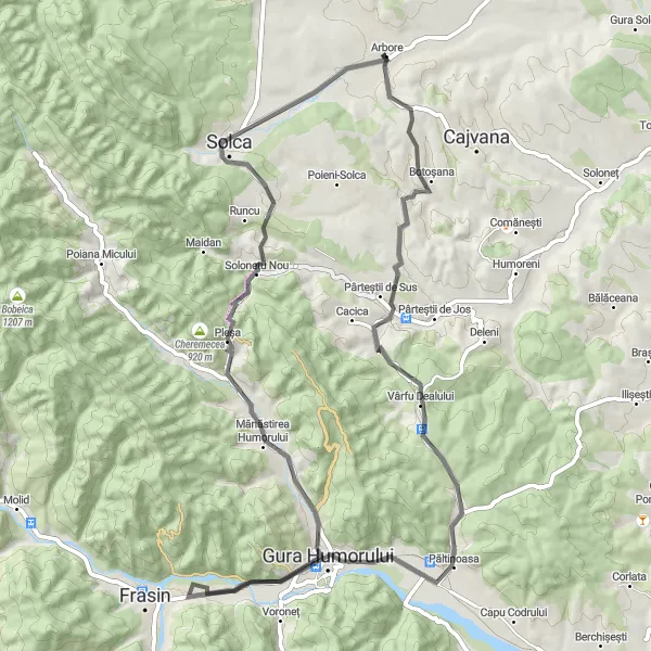 Map miniature of "Scenic Road Cycling Route through Botoșana, Bucșoaia, Pleșa, and Solca" cycling inspiration in Nord-Est, Romania. Generated by Tarmacs.app cycling route planner