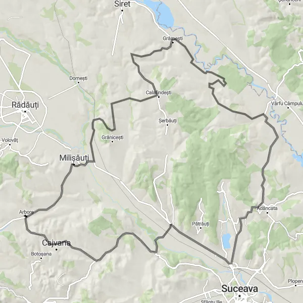 Map miniature of "Costâna and Țibeni Loop" cycling inspiration in Nord-Est, Romania. Generated by Tarmacs.app cycling route planner
