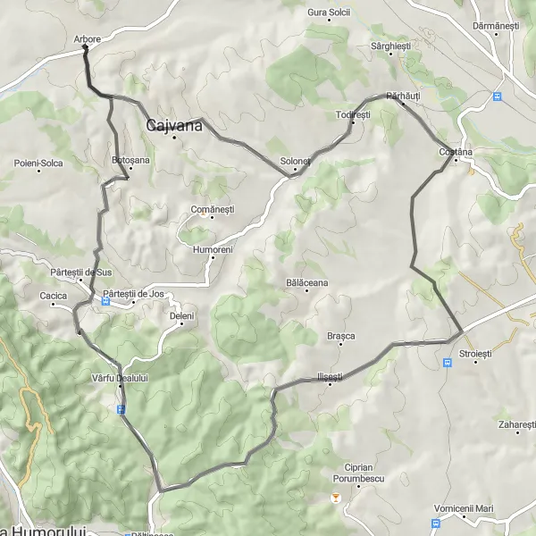 Map miniature of "Cajvana and Botosana Loop" cycling inspiration in Nord-Est, Romania. Generated by Tarmacs.app cycling route planner