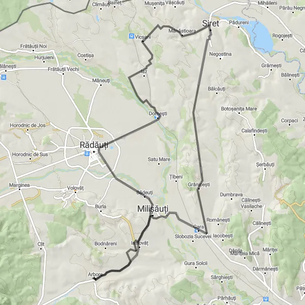 Map miniature of "Bike Route through Bădeuți, Dornești, Vicșani, and Mănăstioara" cycling inspiration in Nord-Est, Romania. Generated by Tarmacs.app cycling route planner