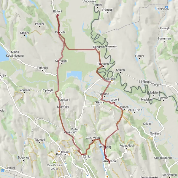 Map miniature of "Gravel Escape" cycling inspiration in Nord-Est, Romania. Generated by Tarmacs.app cycling route planner