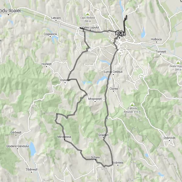 Map miniature of "Valleys and Views" cycling inspiration in Nord-Est, Romania. Generated by Tarmacs.app cycling route planner