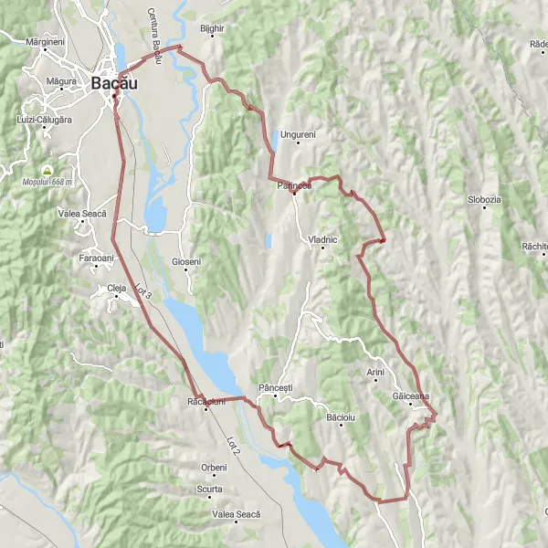 Map miniature of "Răcăciuni Gravel Adventure" cycling inspiration in Nord-Est, Romania. Generated by Tarmacs.app cycling route planner