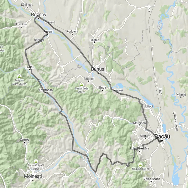 Map miniature of "Scenic Tour to Buhuși" cycling inspiration in Nord-Est, Romania. Generated by Tarmacs.app cycling route planner