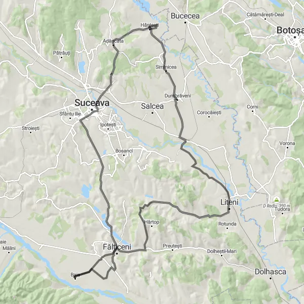 Map miniature of "Cycling through Bunești, Areni, and Adâncata" cycling inspiration in Nord-Est, Romania. Generated by Tarmacs.app cycling route planner