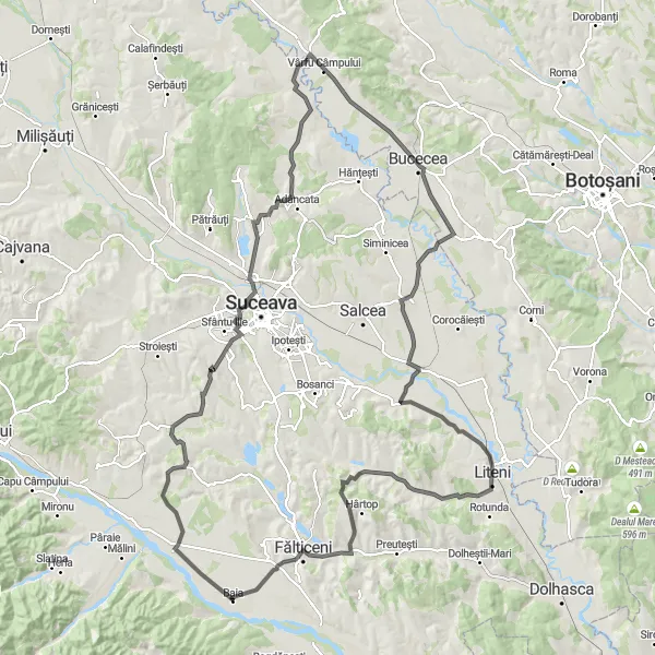 Map miniature of "Baia to Fălticeni loop" cycling inspiration in Nord-Est, Romania. Generated by Tarmacs.app cycling route planner