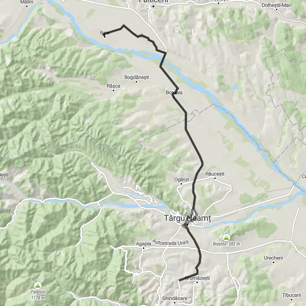 Map miniature of "Scenic Route from Târgu Neamț to Ruinele Bisericii Romano-Catolice Sfânta Fecioară" cycling inspiration in Nord-Est, Romania. Generated by Tarmacs.app cycling route planner