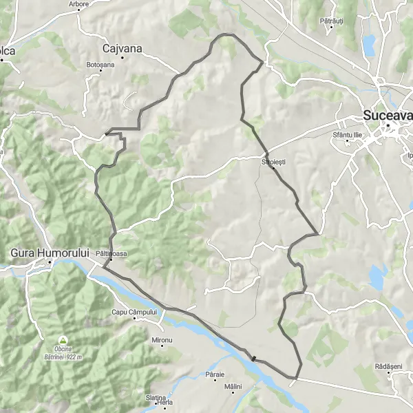 Map miniature of "Rivers & Monasteries" cycling inspiration in Nord-Est, Romania. Generated by Tarmacs.app cycling route planner