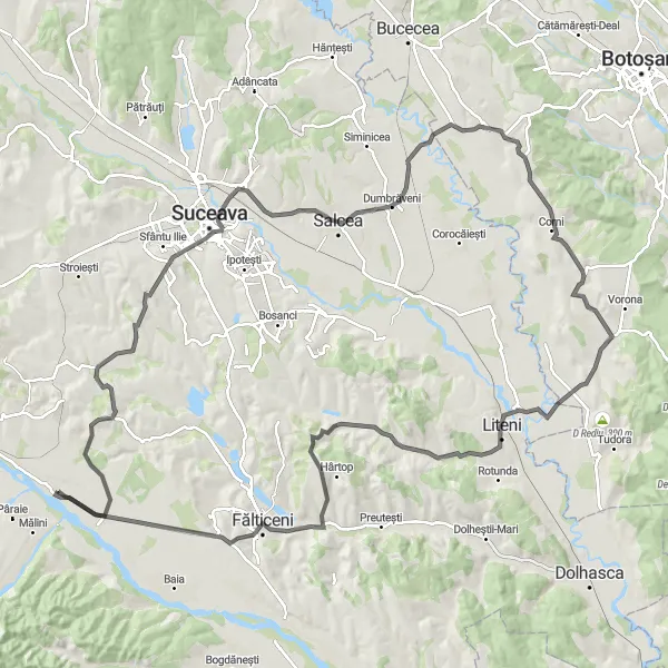 Map miniature of "The Eastern Beauty" cycling inspiration in Nord-Est, Romania. Generated by Tarmacs.app cycling route planner