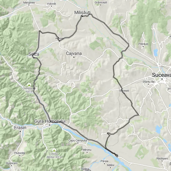 Map miniature of "Băișești - Pleșa - Arbore - Stroiești - Lucăcești Cycling Route" cycling inspiration in Nord-Est, Romania. Generated by Tarmacs.app cycling route planner