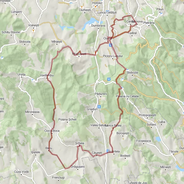 Map miniature of "Bâcu Gravel Adventure" cycling inspiration in Nord-Est, Romania. Generated by Tarmacs.app cycling route planner