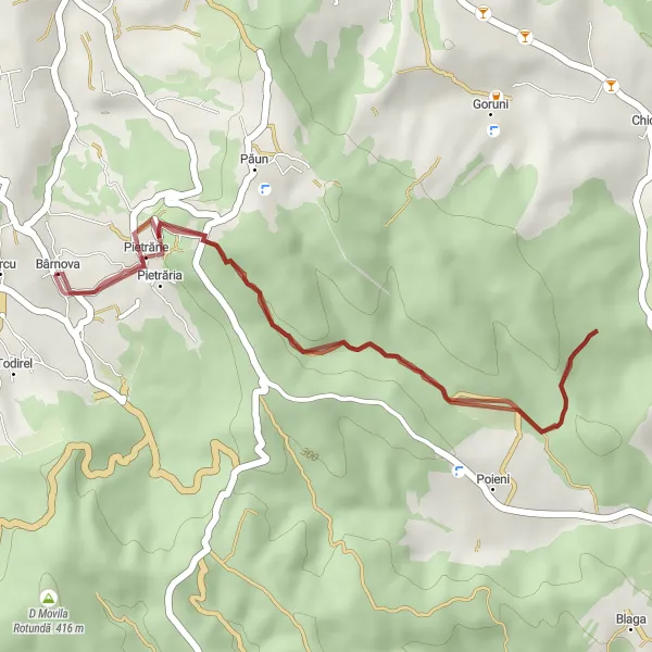 Map miniature of "The Pietrăria Gravel Adventure" cycling inspiration in Nord-Est, Romania. Generated by Tarmacs.app cycling route planner