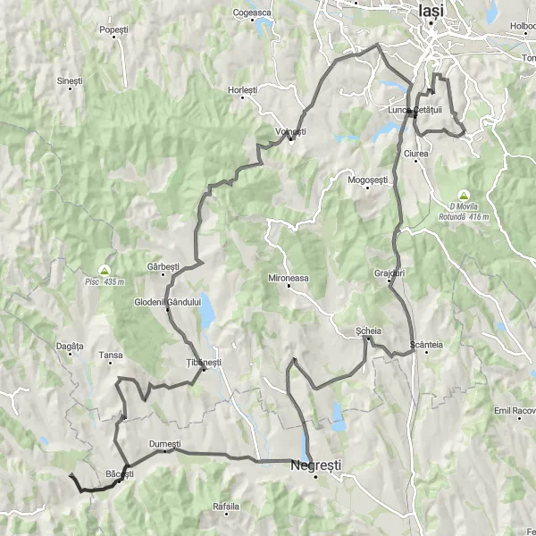 Map miniature of "Iași Road Challenge: Voinești Climb" cycling inspiration in Nord-Est, Romania. Generated by Tarmacs.app cycling route planner