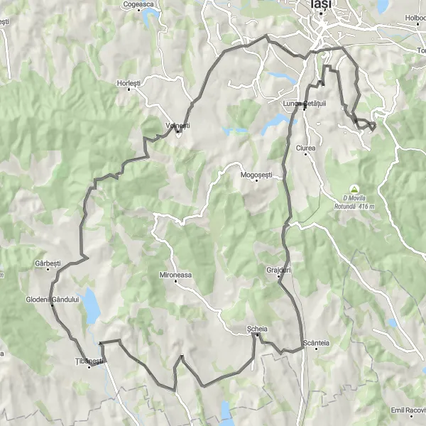 Map miniature of "The Scenic Roads of Rîtu Porcului" cycling inspiration in Nord-Est, Romania. Generated by Tarmacs.app cycling route planner