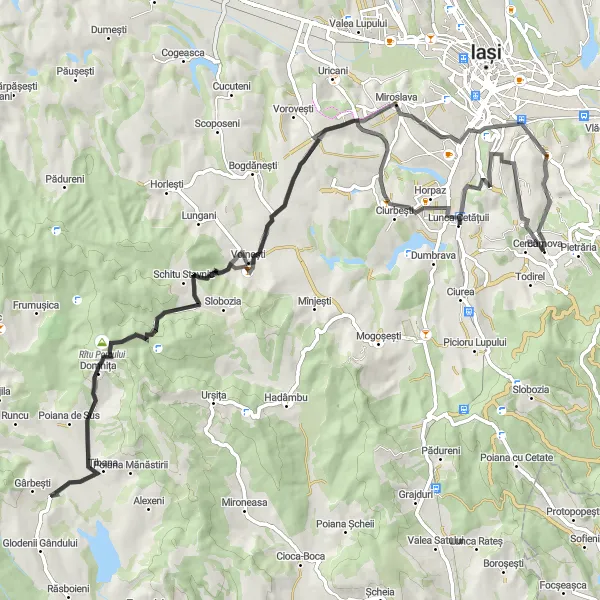 Map miniature of "The Voinești Challenge" cycling inspiration in Nord-Est, Romania. Generated by Tarmacs.app cycling route planner