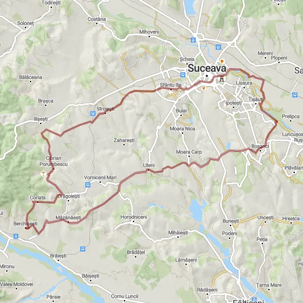 Map miniature of "The Thrilling Gravel Expedition" cycling inspiration in Nord-Est, Romania. Generated by Tarmacs.app cycling route planner