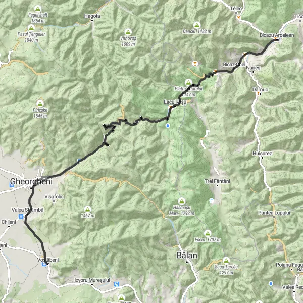 Map miniature of "Bicazu Ardelean - Cheile Bicazului" cycling inspiration in Nord-Est, Romania. Generated by Tarmacs.app cycling route planner