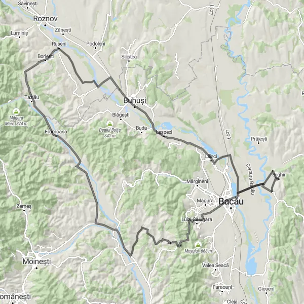 Map miniature of "Bijghir to Borlești" cycling inspiration in Nord-Est, Romania. Generated by Tarmacs.app cycling route planner