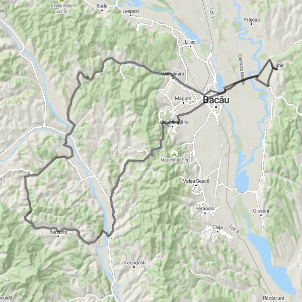 Map miniature of "Bijghir to Tescani" cycling inspiration in Nord-Est, Romania. Generated by Tarmacs.app cycling route planner