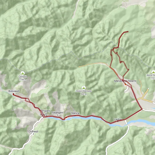 Map miniature of "Gravel Adventure in Exceptional Nature" cycling inspiration in Nord-Est, Romania. Generated by Tarmacs.app cycling route planner