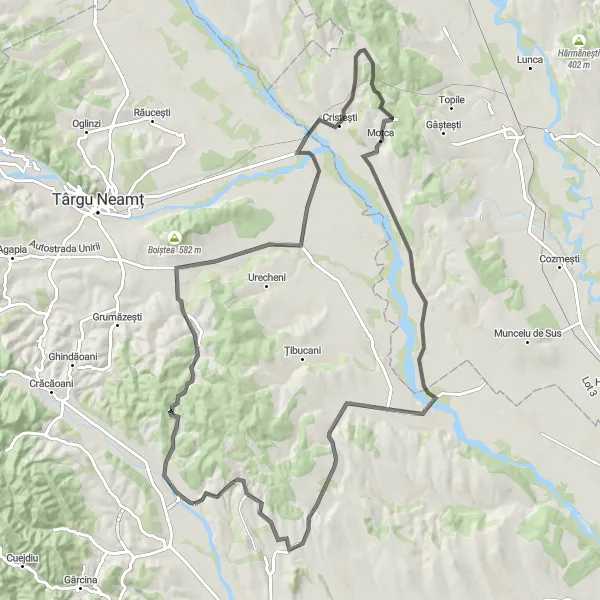 Map miniature of "Cycling in Bodeștii de Jos" cycling inspiration in Nord-Est, Romania. Generated by Tarmacs.app cycling route planner