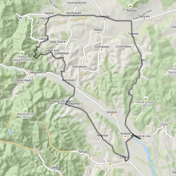 Map miniature of "Scenic Cycling in Bodeștii de Jos" cycling inspiration in Nord-Est, Romania. Generated by Tarmacs.app cycling route planner