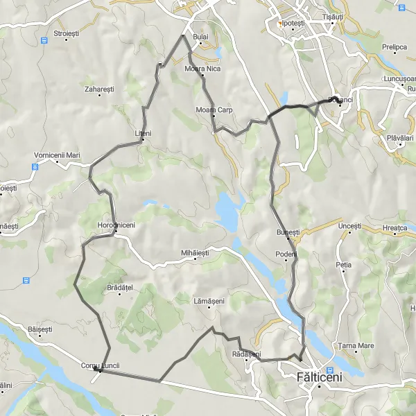 Map miniature of "Bosanci to Dumbrava Road Cycling Route" cycling inspiration in Nord-Est, Romania. Generated by Tarmacs.app cycling route planner