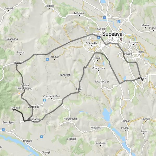 Map miniature of "Lucăcești, Ciprian Porumbescu and Trei Movile Road Route" cycling inspiration in Nord-Est, Romania. Generated by Tarmacs.app cycling route planner