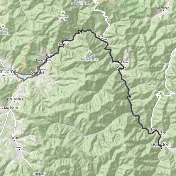 Map miniature of "The Dorna-Arini Road Adventure" cycling inspiration in Nord-Est, Romania. Generated by Tarmacs.app cycling route planner